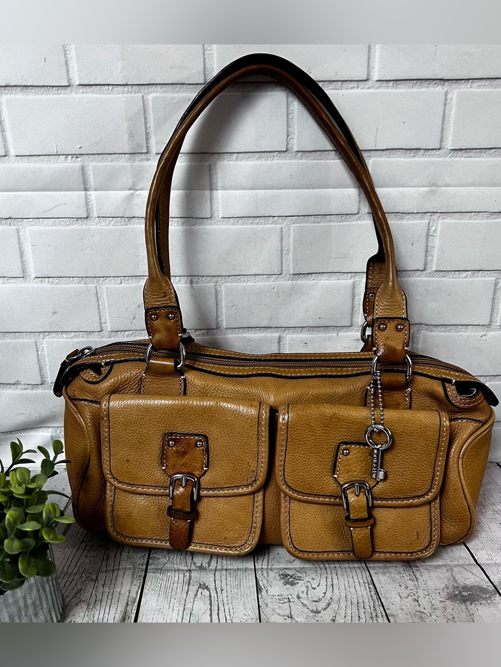 Vintage Y2K Brown Tan Soft Leather FOSSIL Shoulder Bag Purse Satchel